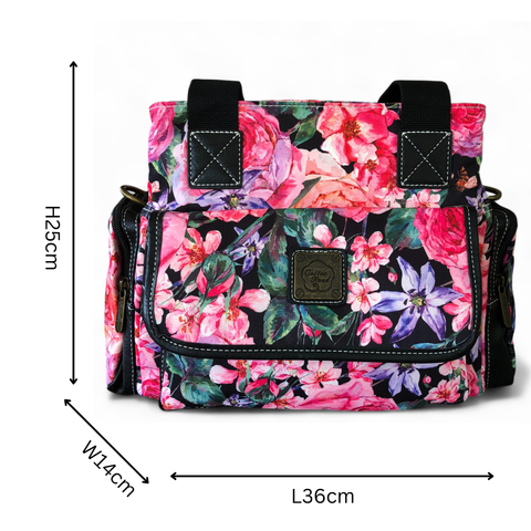 Cotton Road Floral Canvas Handbag with BLACK PU Leather Trim