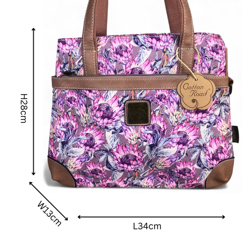 PINK CANVAS Cotton Road Handbag with PROTEAS and PU LEATHER TRIM