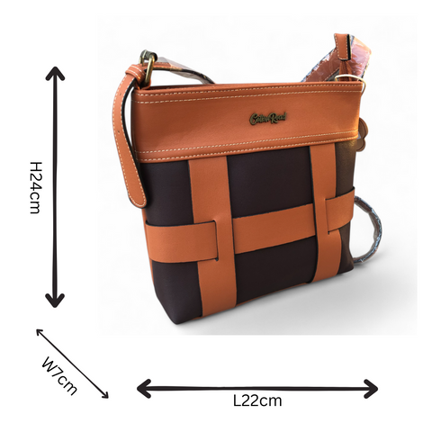TAN and BROWN PU Leather Cotton Road Sling Bag with STRAP detailing