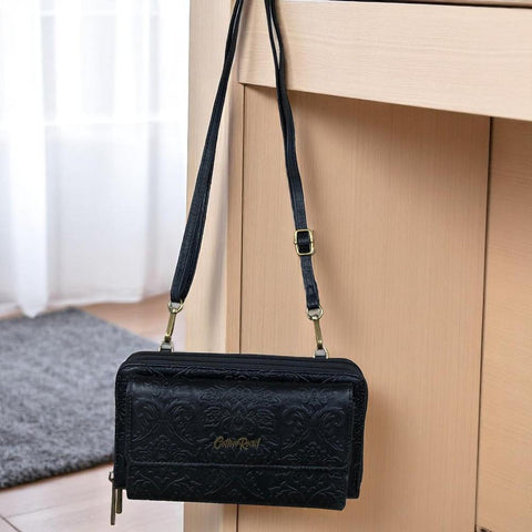 BLACK Cotton Road PU Leather Cellphone Sling Wallet with EMBOSSED Print