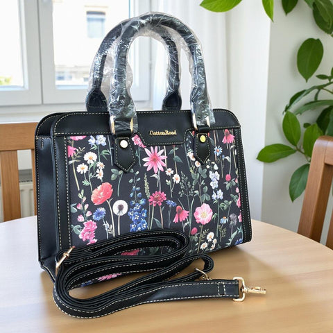 BLACK Cotton Road PU Leather Handbag with FLORAL Panel