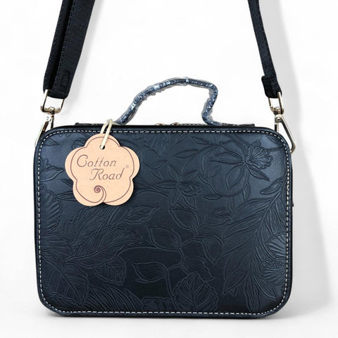 BLACK FLORAL PU Leather Cotton Road Sling Bag with POCKET