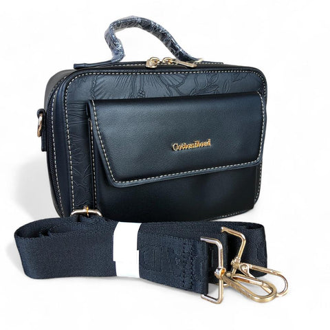 BLACK FLORAL PU Leather Cotton Road Sling Bag with POCKET