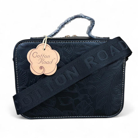 BLACK FLORAL PU Leather Cotton Road Sling Bag with POCKET