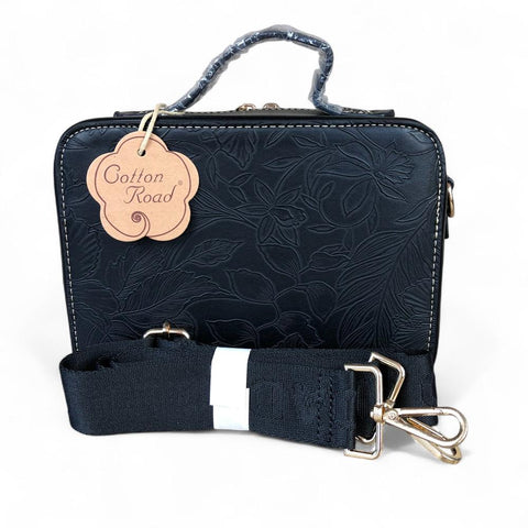 BLACK FLORAL PU Leather Cotton Road Sling Bag with POCKET