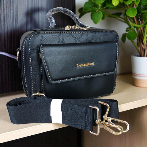 BLACK FLORAL PU Leather Cotton Road Sling Bag with POCKET