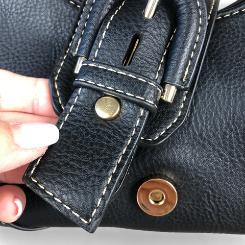 BLACK PU Leather Cotton Road Handbag with BUCKLE Strap