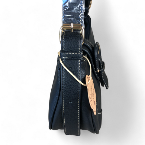 BLACK PU Leather Cotton Road Handbag with BUCKLE Strap