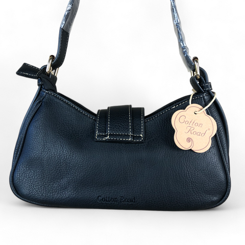 BLACK PU Leather Cotton Road Handbag with BUCKLE Strap