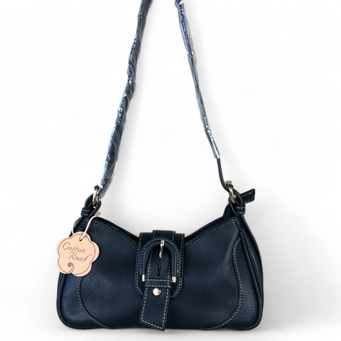 BLACK PU Leather Cotton Road Handbag with BUCKLE Strap