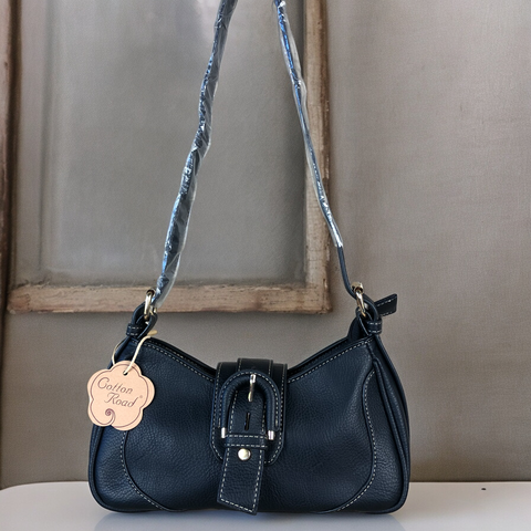 BLACK PU Leather Cotton Road Handbag with BUCKLE Strap