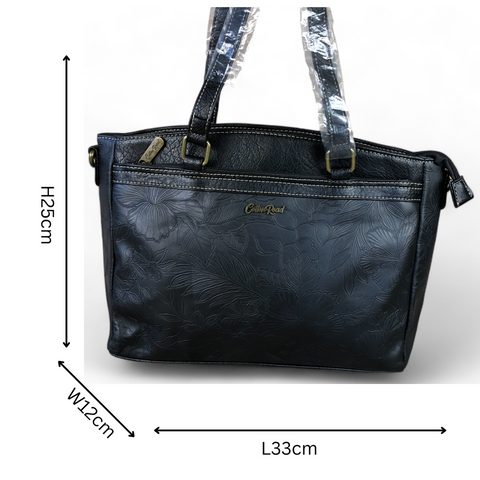 BLACK PU Leather Cotton Road Handbag with EMBOSSED FLOWERS