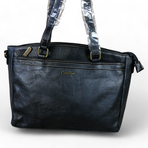 BLACK PU Leather Cotton Road Handbag with EMBOSSED FLOWERS