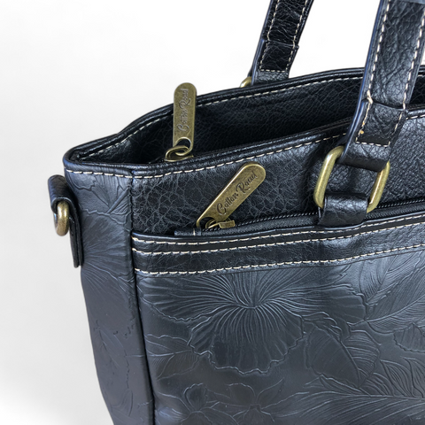 BLACK PU Leather Cotton Road Handbag with EMBOSSED FLOWERS