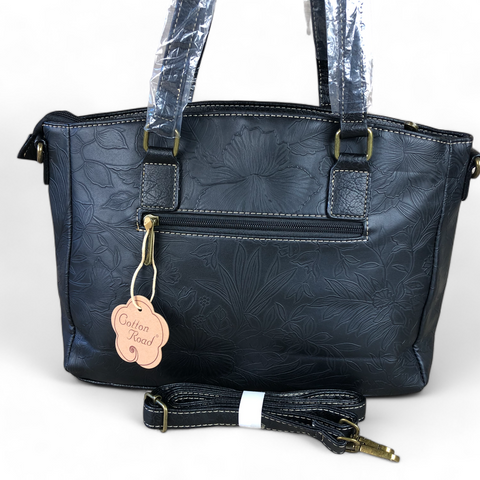 BLACK PU Leather Cotton Road Handbag with EMBOSSED FLOWERS