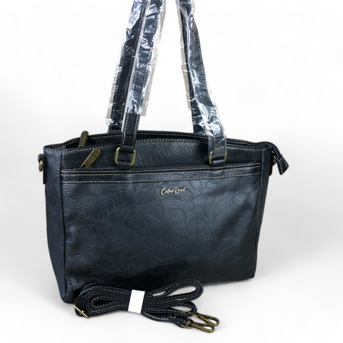 BLACK PU Leather Cotton Road Handbag with EMBOSSED FLOWERS