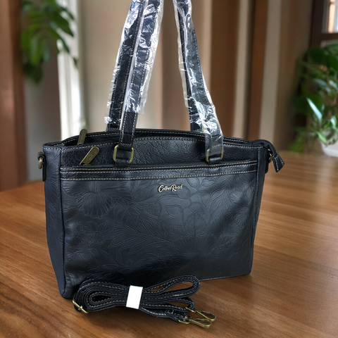 BLACK PU Leather Cotton Road Handbag with EMBOSSED FLOWERS