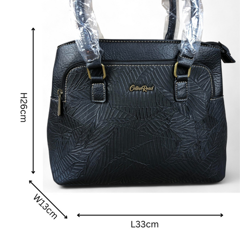 BLACK PU Leather Cotton Road Handbag with EMBOSSED Panel