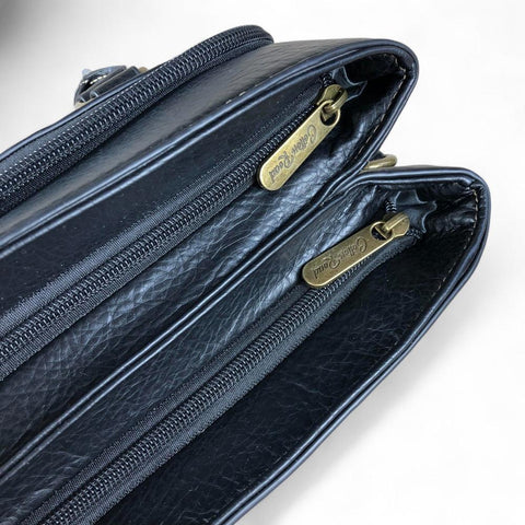 BLACK PU Leather Cotton Road Handbag with EMBOSSED Panel