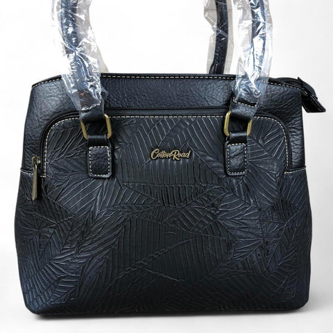 BLACK PU Leather Cotton Road Handbag with EMBOSSED Panel