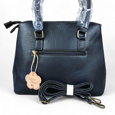 BLACK PU Leather Cotton Road Handbag with EMBOSSED Panel