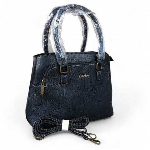 BLACK PU Leather Cotton Road Handbag with EMBOSSED Panel