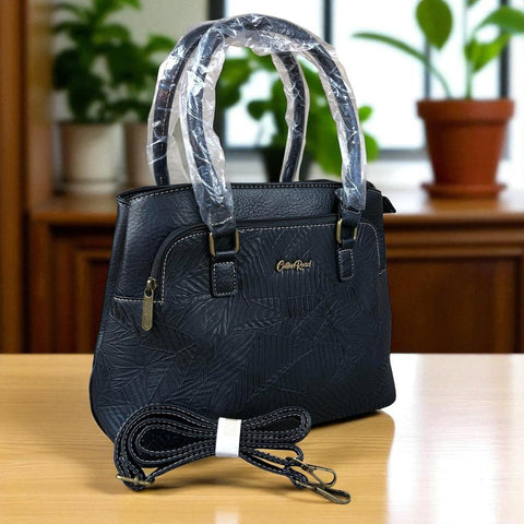 BLACK PU Leather Cotton Road Handbag with EMBOSSED Panel