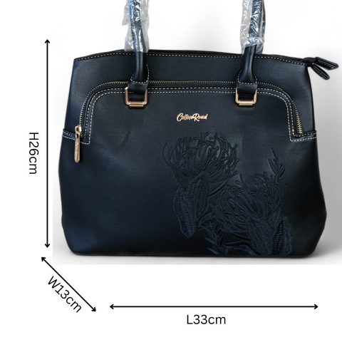 BLACK PU Leather Cotton Road Handbag with EMBROIDED PROTEAS