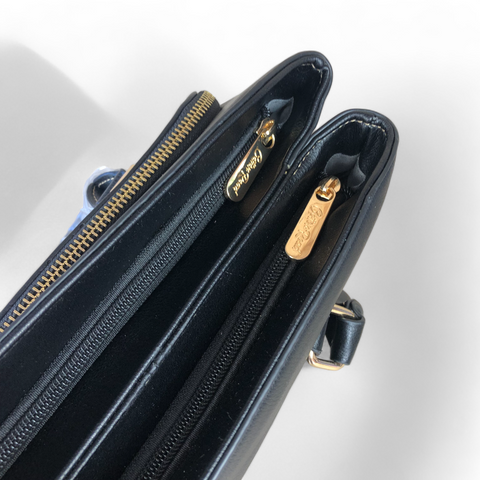 BLACK PU Leather Cotton Road Handbag with EMBROIDED PROTEAS