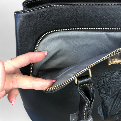 BLACK PU Leather Cotton Road Handbag with EMBROIDED PROTEAS
