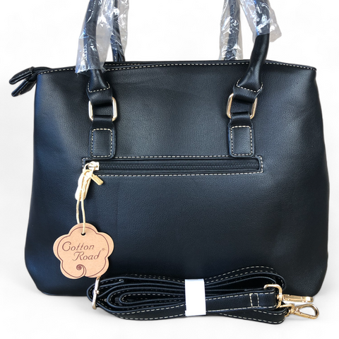 BLACK PU Leather Cotton Road Handbag with EMBROIDED PROTEAS