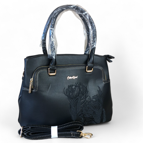 BLACK PU Leather Cotton Road Handbag with EMBROIDED PROTEAS