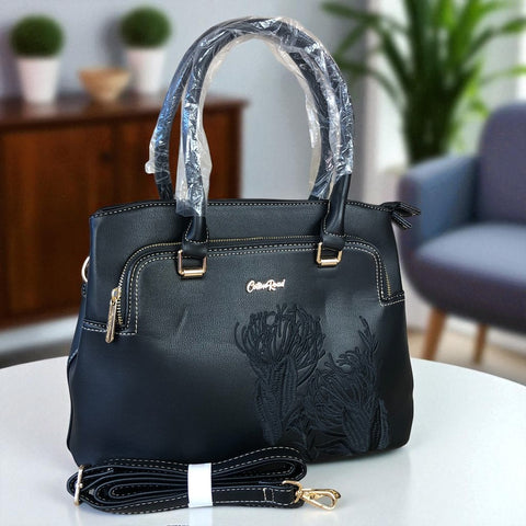 BLACK PU Leather Cotton Road Handbag with EMBROIDED PROTEAS