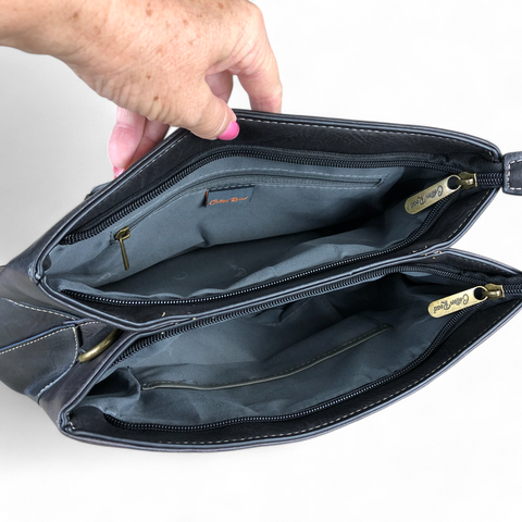 BLACK PU Leather Cotton Road Handbag with PROTEA detailing