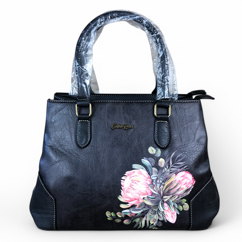 BLACK PU Leather Cotton Road Handbag with PROTEA detailing