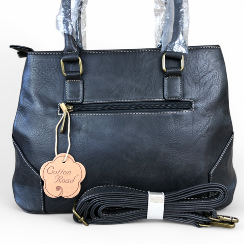BLACK PU Leather Cotton Road Handbag with PROTEA detailing