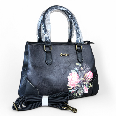 BLACK PU Leather Cotton Road Handbag with PROTEA detailing