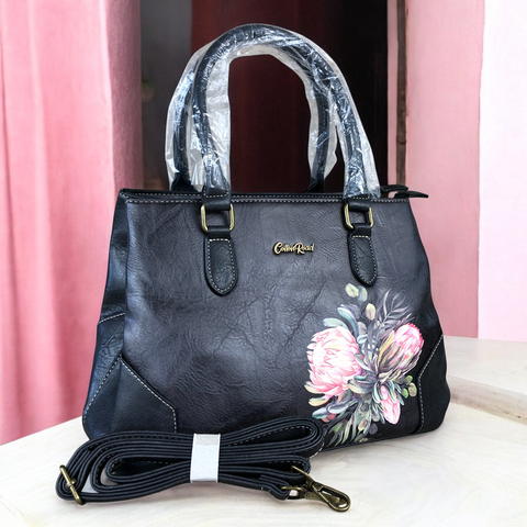 BLACK PU Leather Cotton Road Handbag with PROTEA detailing
