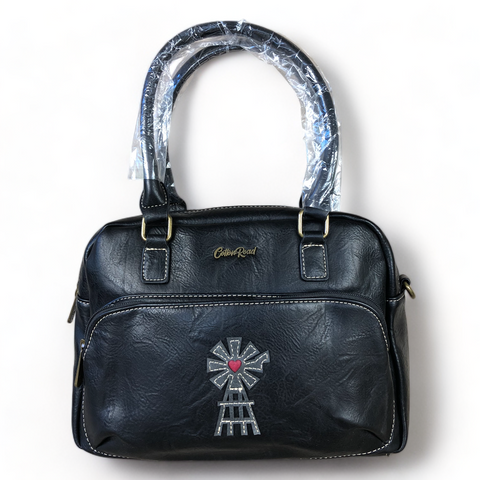 BLACK PU Leather Cotton Road Handbag with WINDMILL detailing