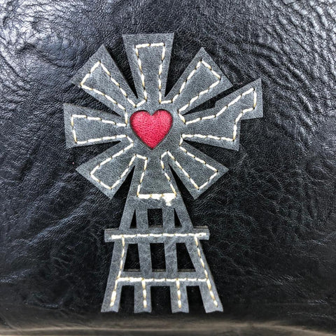 BLACK PU Leather Cotton Road Handbag with WINDMILL detailing