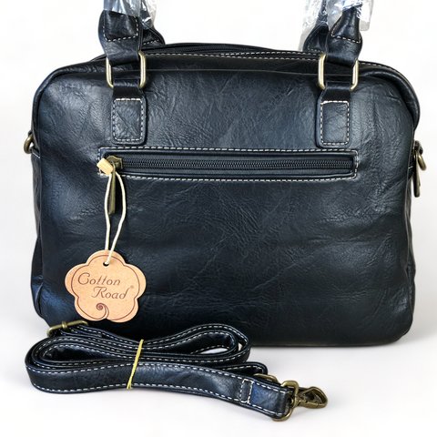 BLACK PU Leather Cotton Road Handbag with WINDMILL detailing