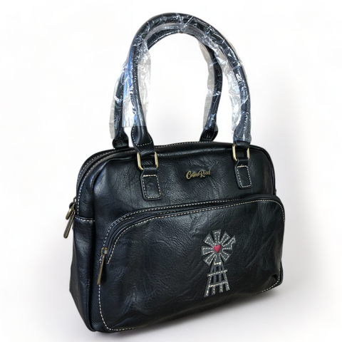 BLACK PU Leather Cotton Road Handbag with WINDMILL detailing
