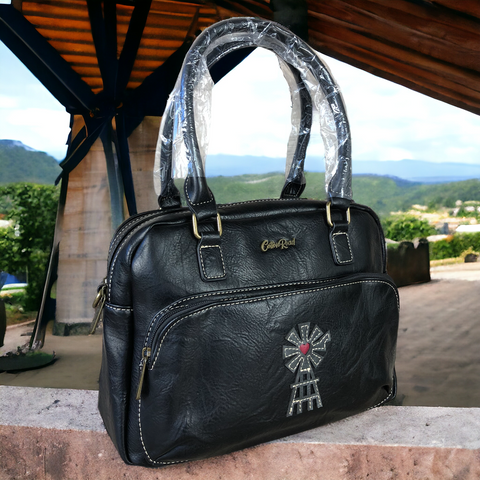 BLACK PU Leather Cotton Road Handbag with WINDMILL detailing