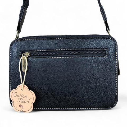 BLACK PU Leather Cotton Road Sling Bag with FLORAL POCKET