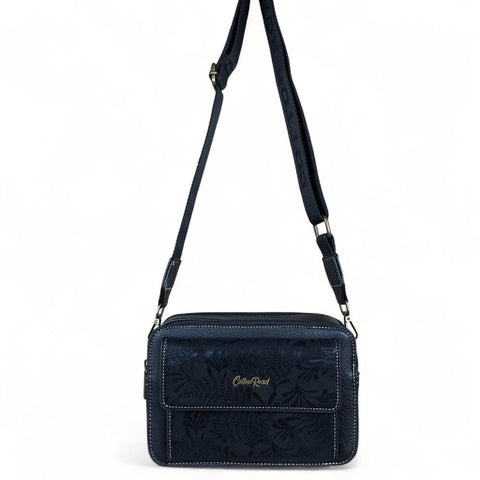 BLACK PU Leather Cotton Road Sling Bag with FLORAL POCKET