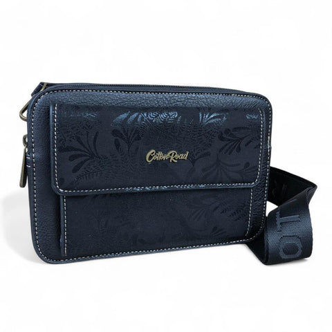 BLACK PU Leather Cotton Road Sling Bag with FLORAL POCKET