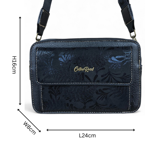 BLACK PU Leather Cotton Road Sling Bag with FLORAL POCKET