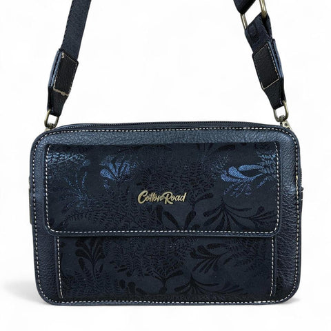 BLACK PU Leather Cotton Road Sling Bag with FLORAL POCKET