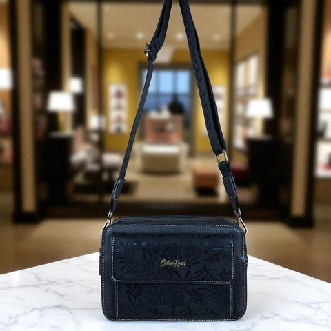 BLACK PU Leather Cotton Road Sling Bag with FLORAL POCKET