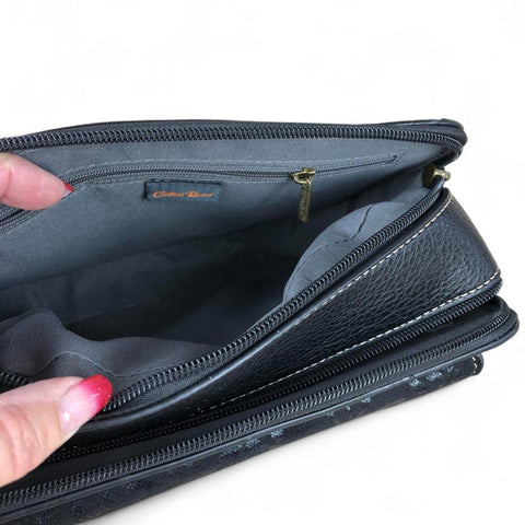 BLACK PU Leather Cotton Road Sling Bag with FLORAL Print Pocket